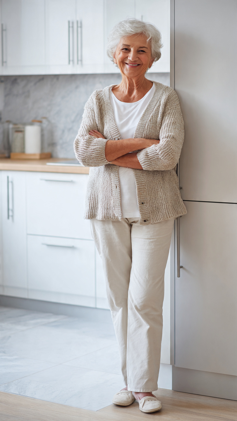 Senior woman safe at home kitchen - home safety tips for elderly