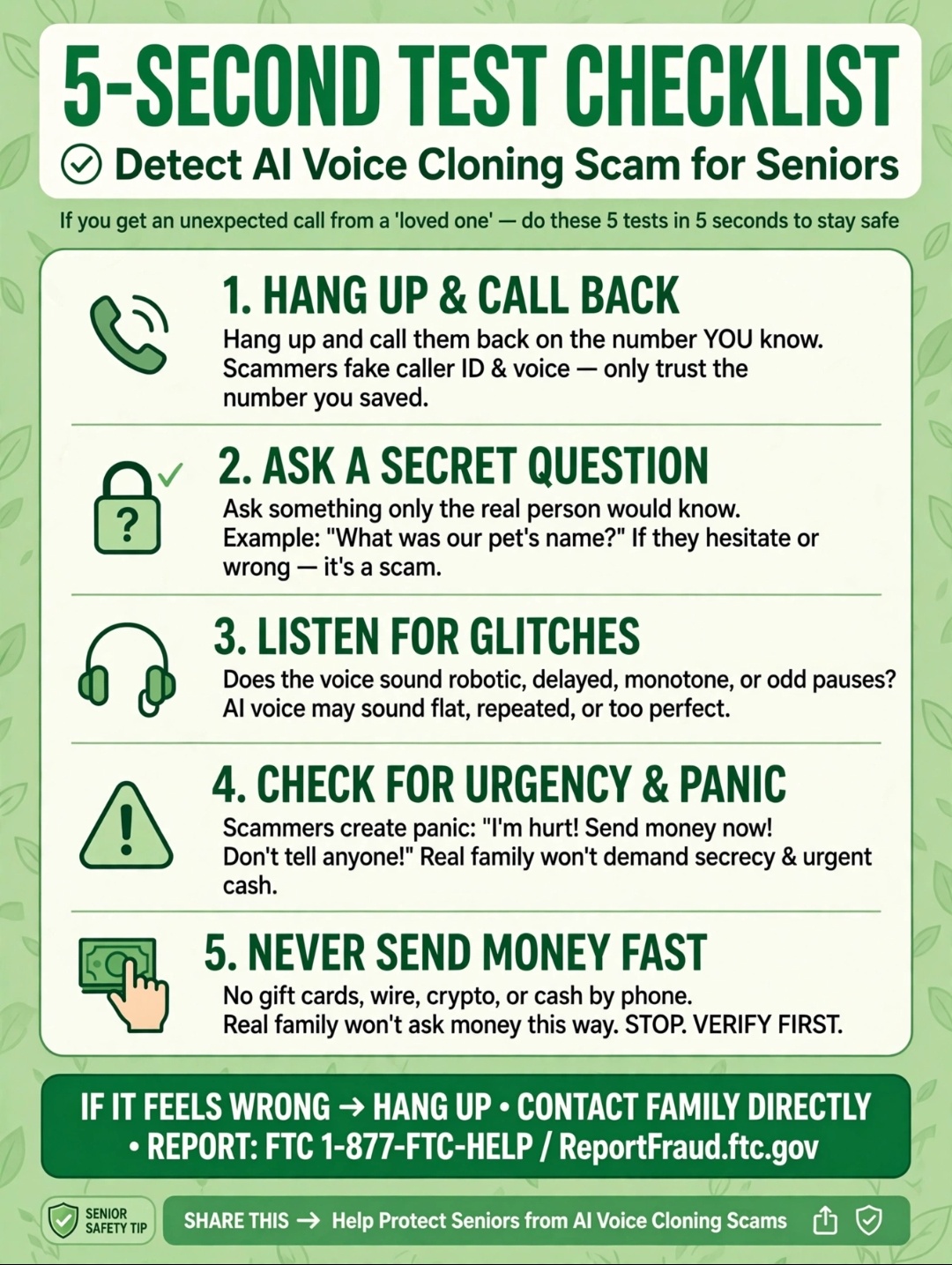 5 second test to detect AI voice cloning scam for seniors - 5 quick checks call back secret family word video call breathing wrong detail test USA India 2026