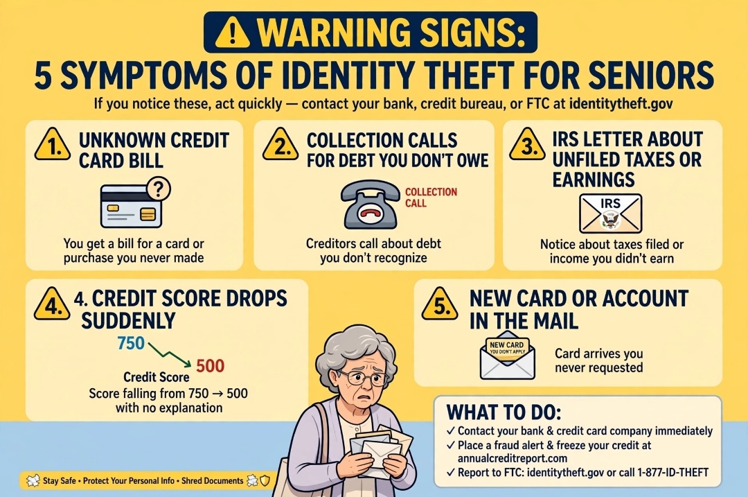 5 warning signs identity theft seniors credit score drop bills fake accounts 2026