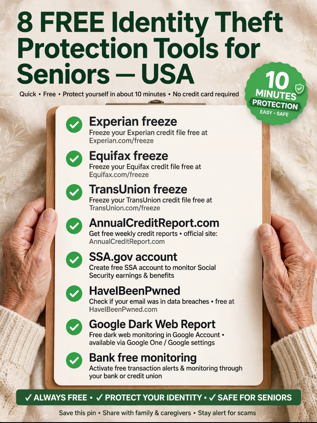 8 free tools checklist to freeze credit and monitor SSN for seniors USA 2026