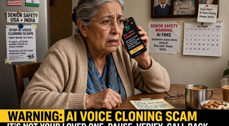 Senior mother in USA receiving AI voice cloning scam call fake son emergency voice asking $1000 - AI voice scam alert 2026