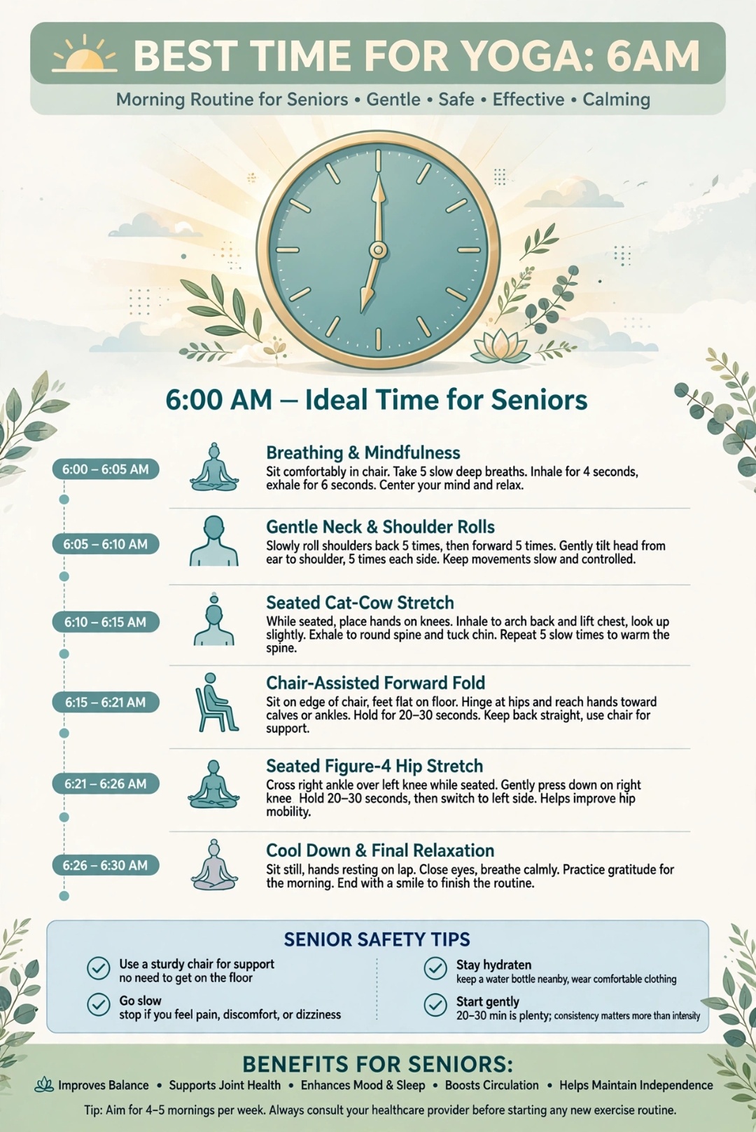 best time for yoga for seniors 6 am morning routine infographic with schedule