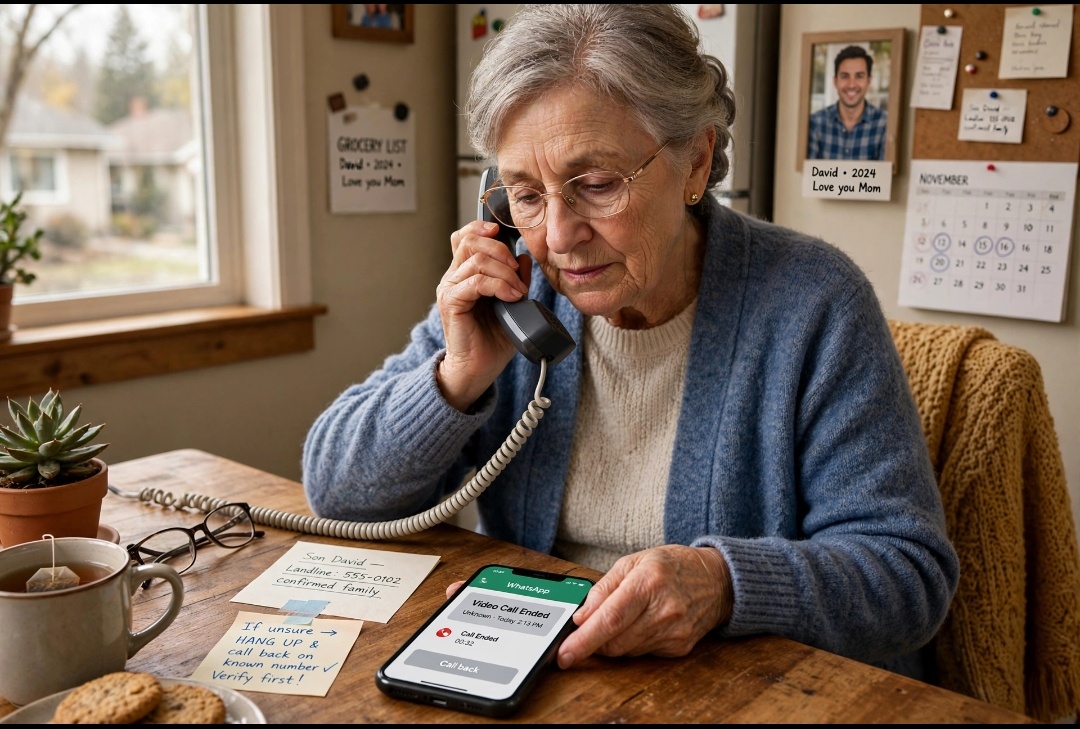 senior woman hanging up whatsapp and calling back real number safety 2026