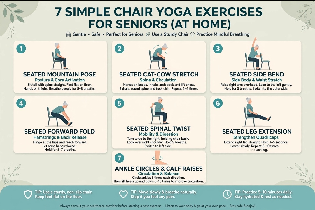 7 simple yoga exercises for seniors at home infographic