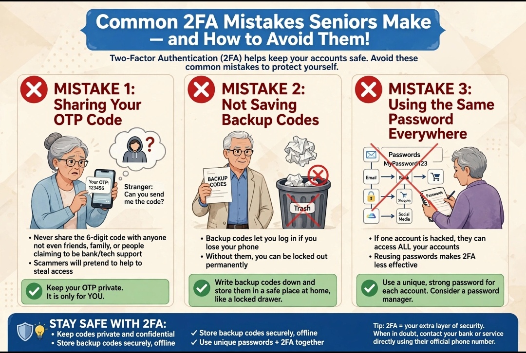 Common 2FA mistakes seniors make - sharing OTP not saving backup codes same password infographic