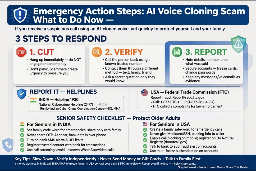 Emergency action steps AI voice cloning scam what to do cut verify report 1930 helpline India FTC USA senior safety checklist 2026