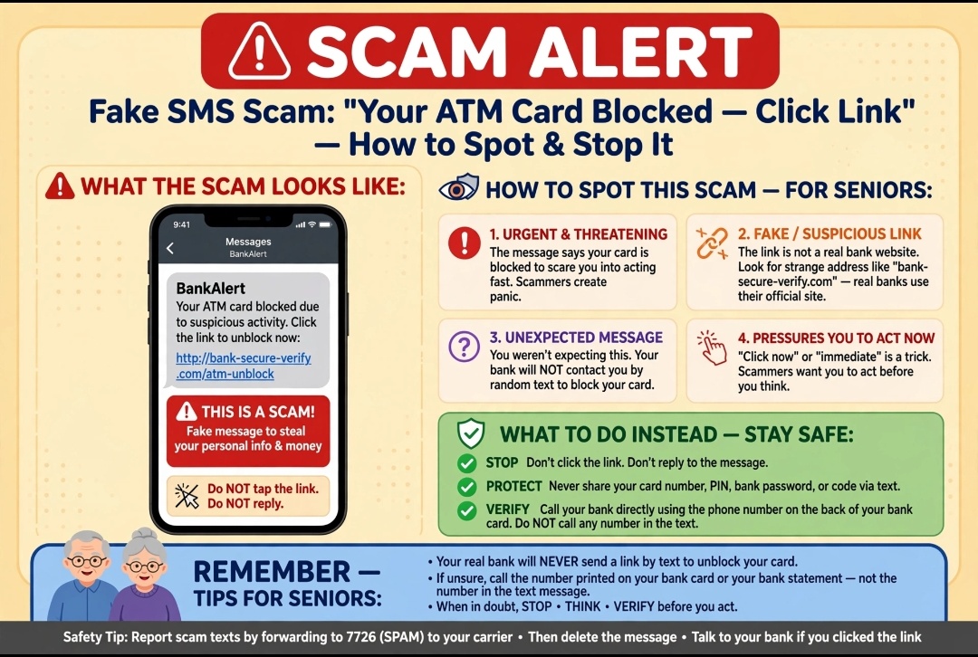 fake sms your atm card blocked scam alert for seniors 2026