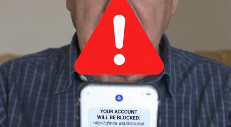 senior citizen shocked seeing fake bank sms your account will be blocked phishing scam 2026