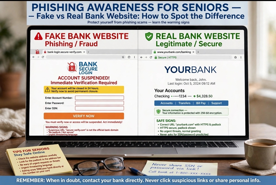 fake vs real bank website difference for seniors online safety 2026