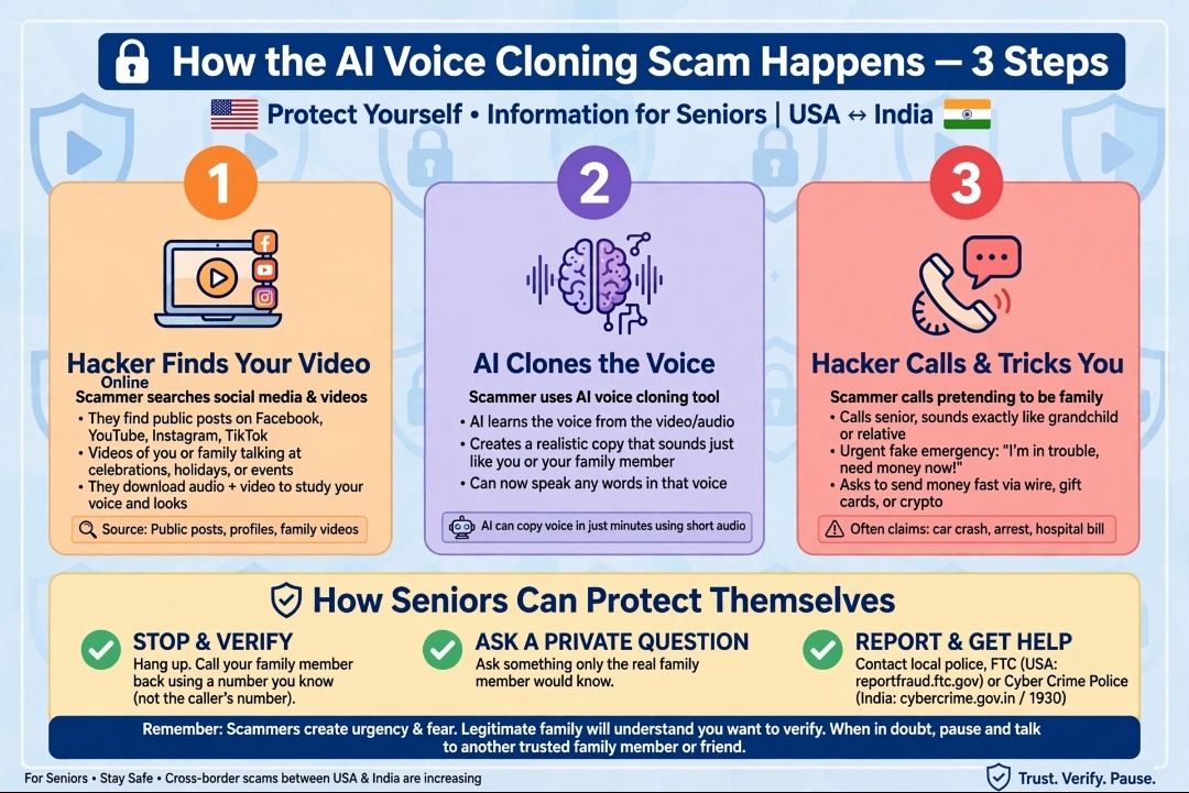 How AI voice cloning scam happens in 3 steps for seniors - hacker finds video clones voice tricks seniors USA India protection guide