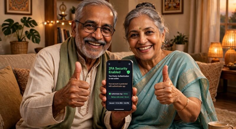 Senior Indian couple smiling showing 2FA Security Enabled on smartphone - Two-Factor Authentication guide for seniors on Gmail WhatsApp Facebook
