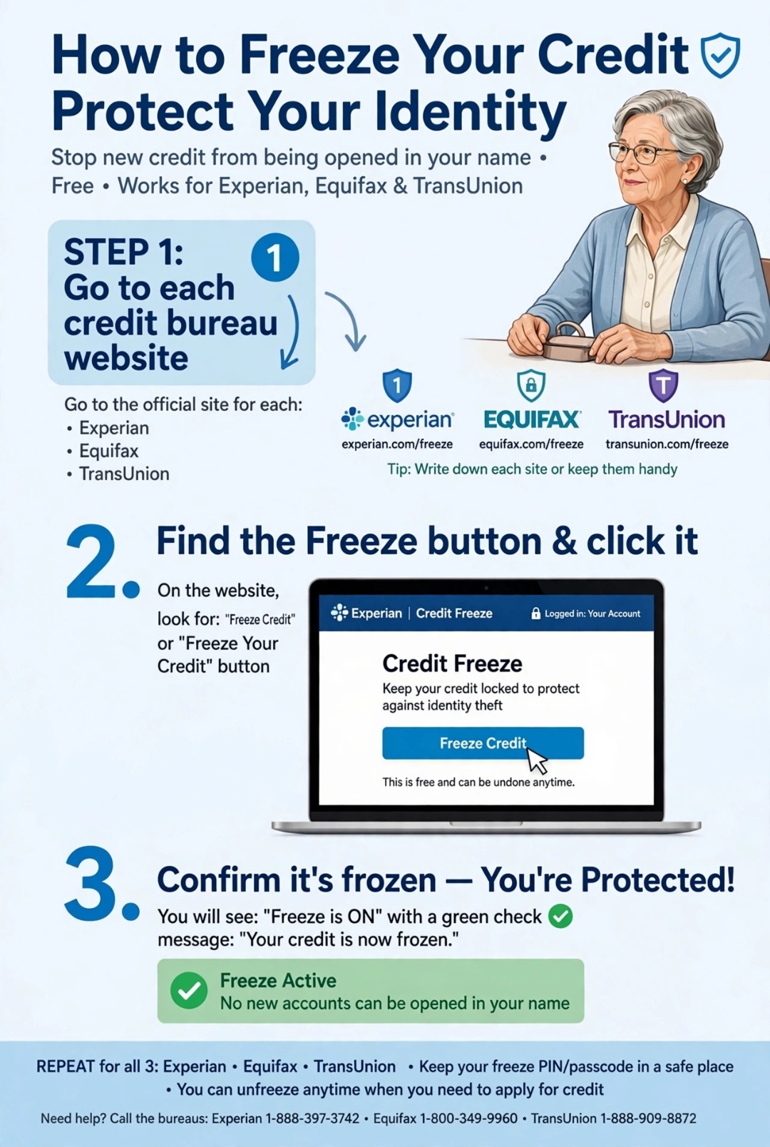 How to freeze credit at Experian Equifax TransUnion step by step for seniors