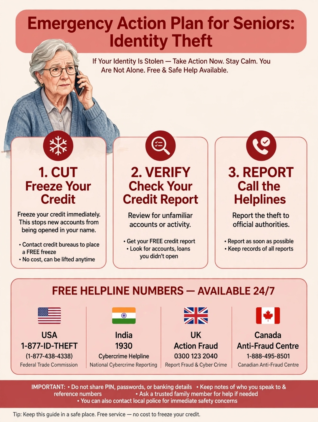 Emergency steps if identity stolen cut verify report helpline numbers for seniors