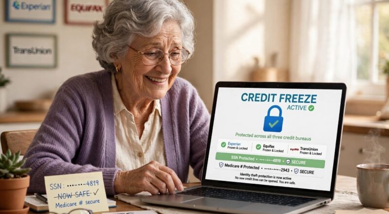 Senior woman protecting identity theft with credit freeze lock at home USA 2026