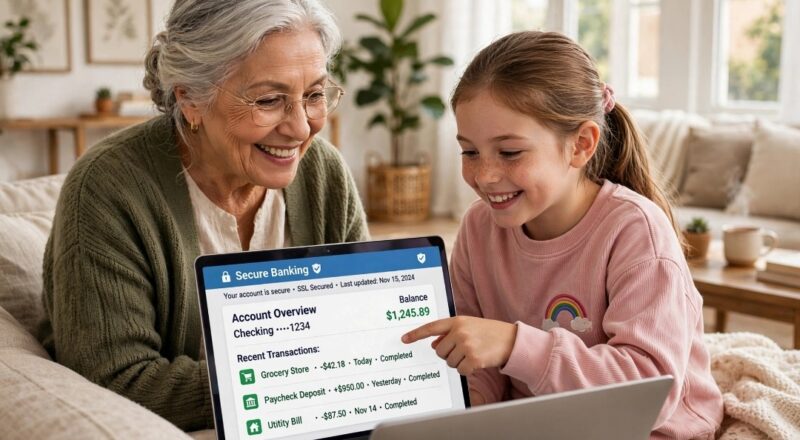grandma learning online banking safety with granddaughter pointing secure balance on laptop 2026