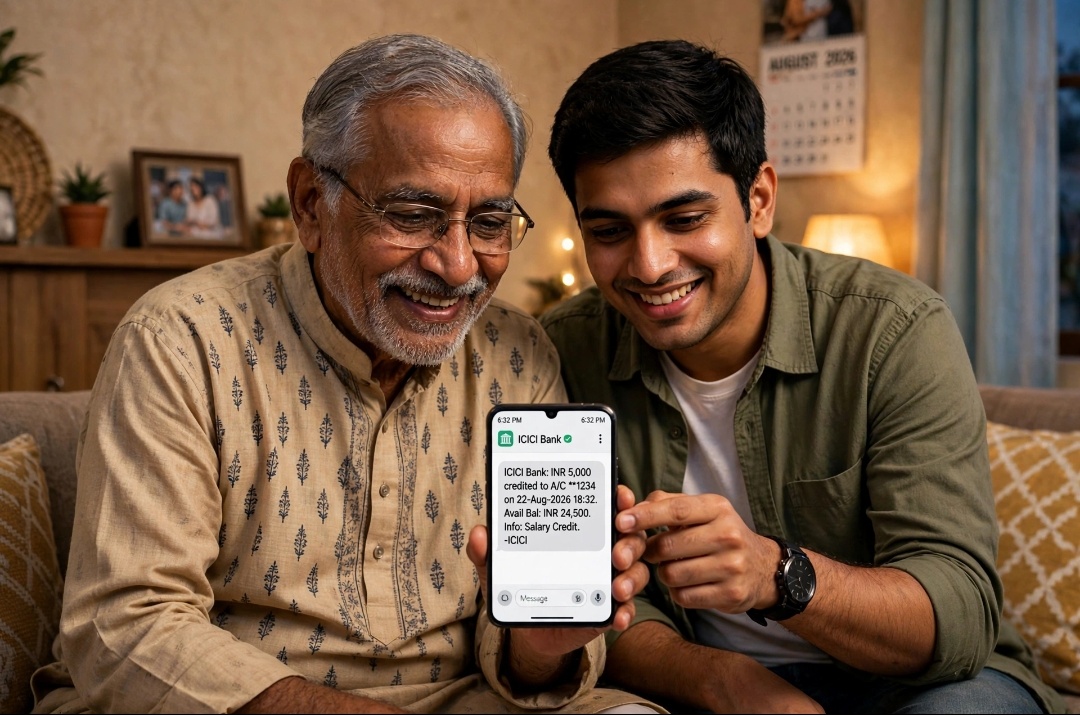 senior father and son checking bank transaction sms alert together