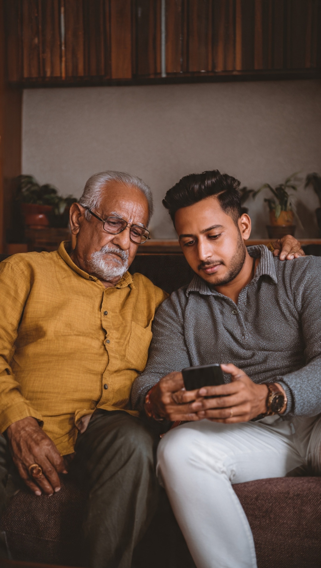 senior and son checking upi payment app together for safety