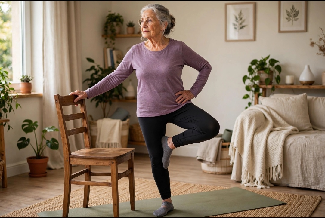 standing tree pose with chair support for balance fall prevention seniors