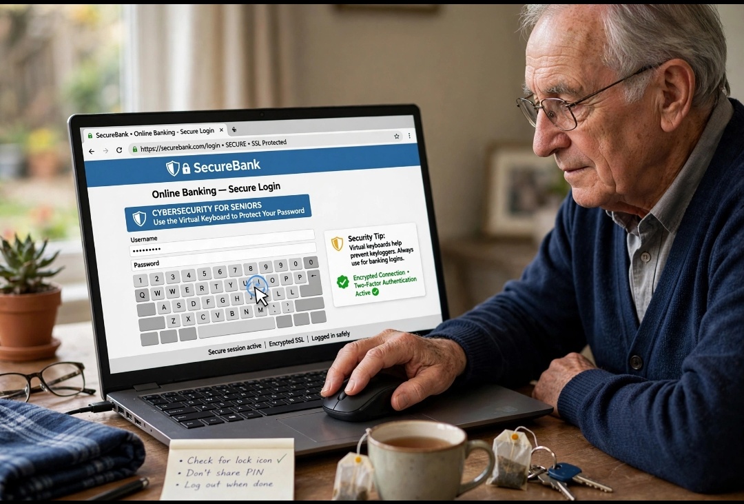 senior using virtual keyboard for safe online banking 2026