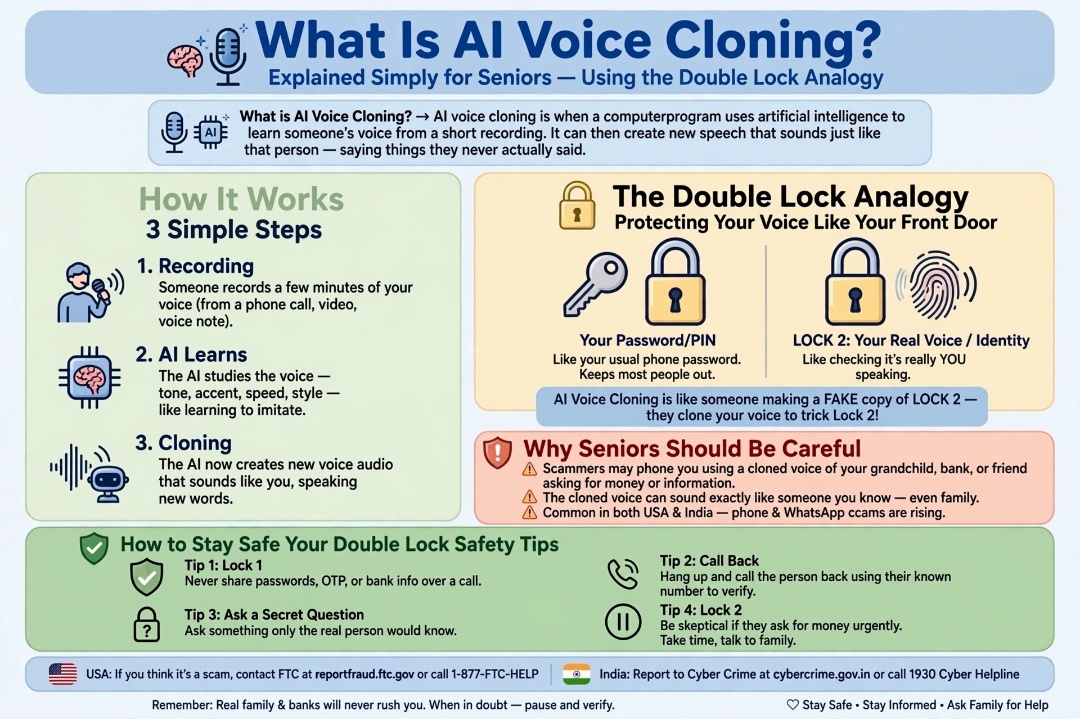 What is AI voice cloning simple guide for seniors double lock analogy how hackers copy voice from 3 sec video 2026