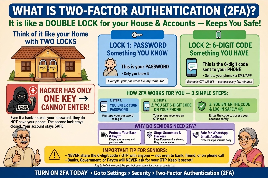 What is Two-Factor Authentication 2FA in simple terms for seniors - Double lock for house and accounts - Lock 1 password something you know Lock 2 6-digit code on phone something you have - Hacker has only one key cannot enter