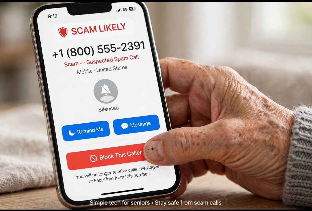 Senior hand blocking scam call on iPhone using Block This Caller feature