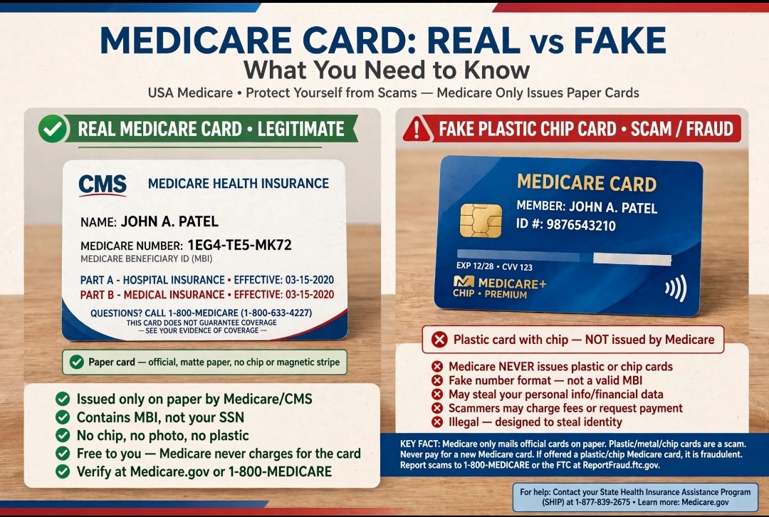 Real paper Medicare card vs fake plastic chip Medicare card scam comparison 2026
