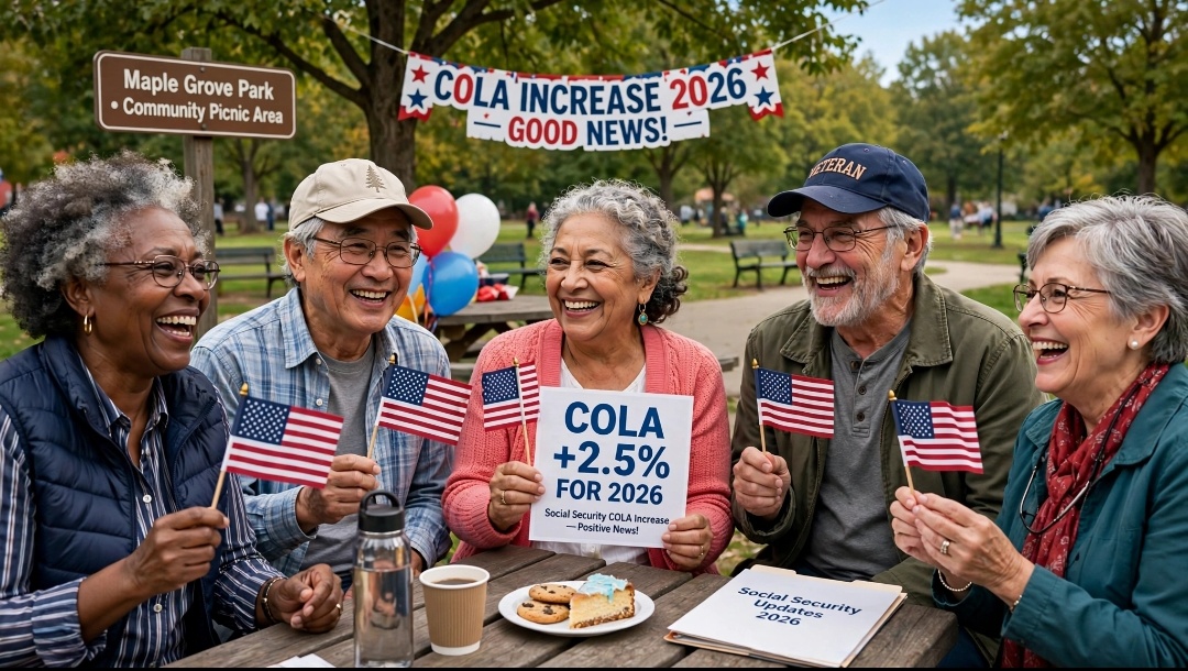 Happy American seniors celebrating Social Security COLA increase 2026 in park with USA flags