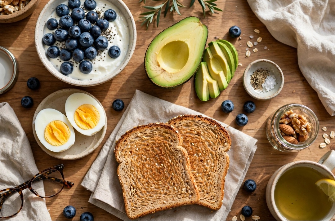 Healthy protein breakfast with boiled egg toast yogurt blueberries for seniors