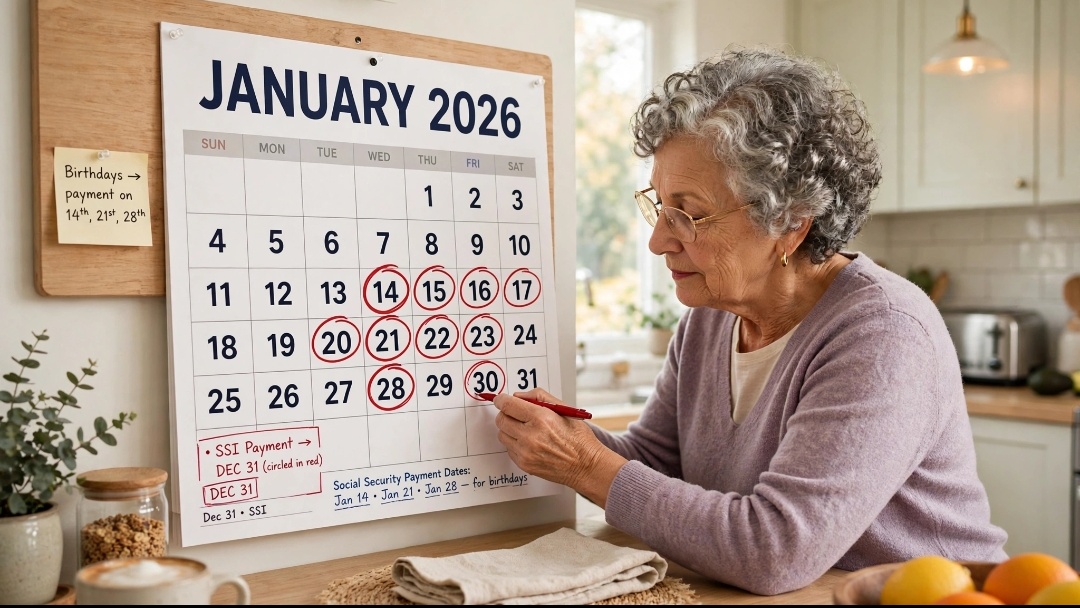 Senior woman marking January 2026 Social Security payment dates Jan 14 21 28 on calendar