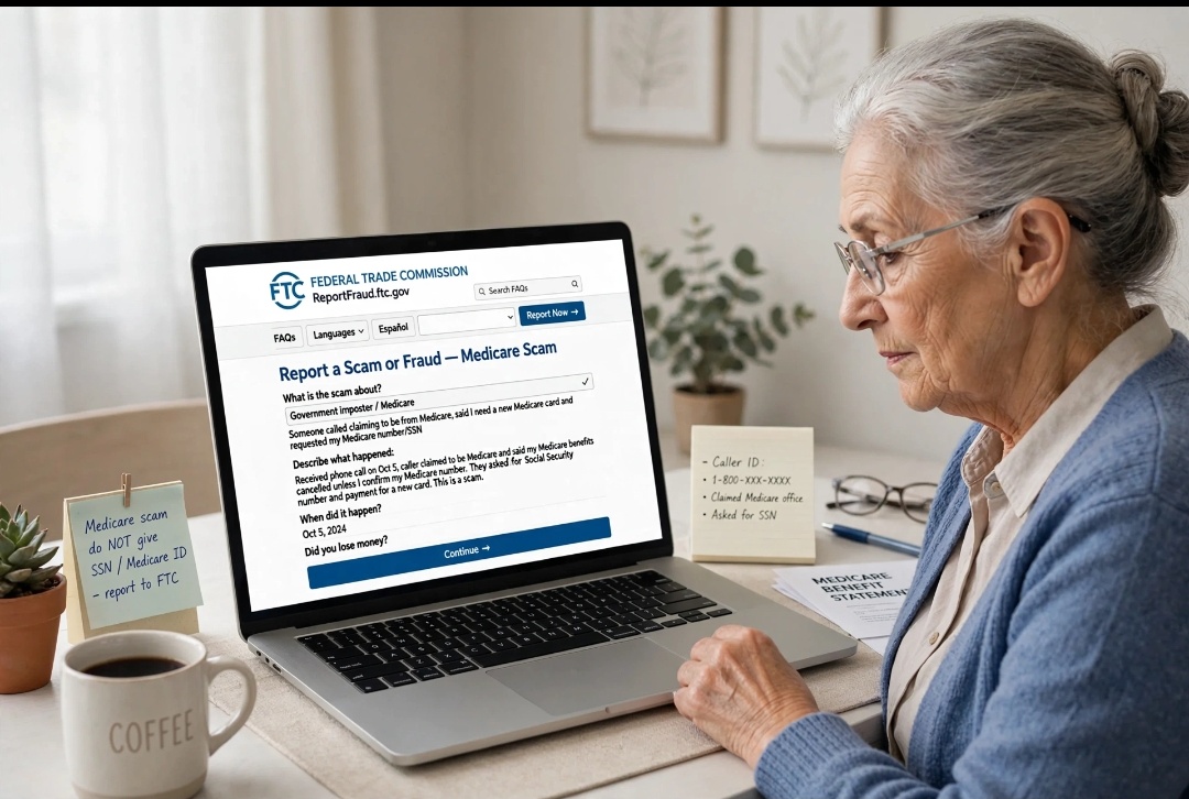 FTC ReportFraud.ftc.gov website on laptop to report Medicare scams