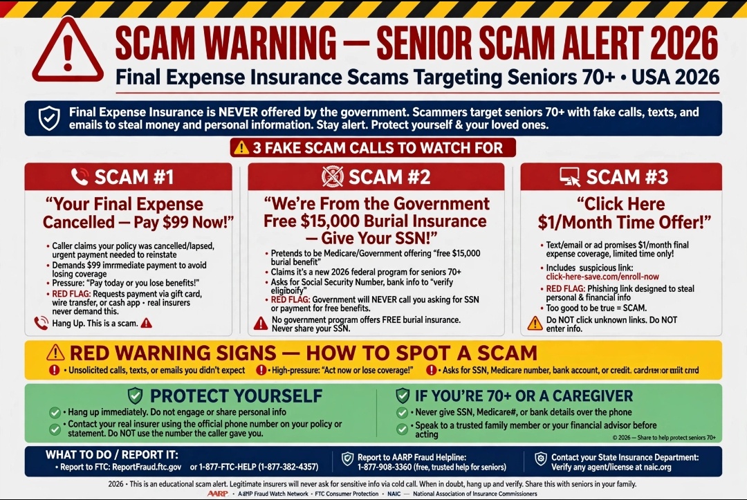 Scam warning 3 fake final expense calls to avoid seniors over 70 USA 2026 $99 scam government free $15000 $1 per month scam alert