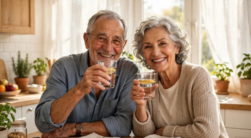 Happy senior couple drinking warm water with lemon in morning sunlight
