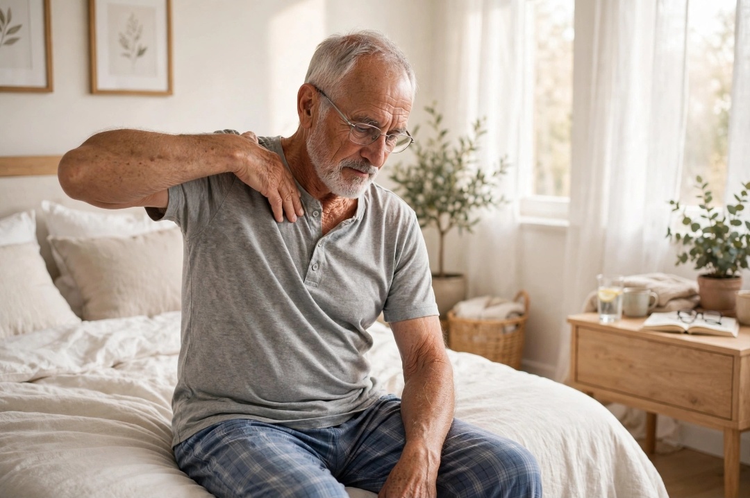 Senior man doing gentle 2 minute bedside stretch in the morning