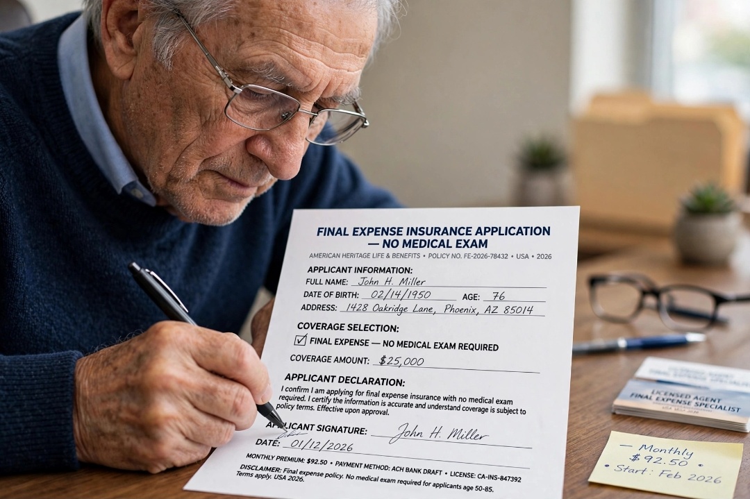 Senior man over 70 signing final expense insurance application no medical exam required USA 2026