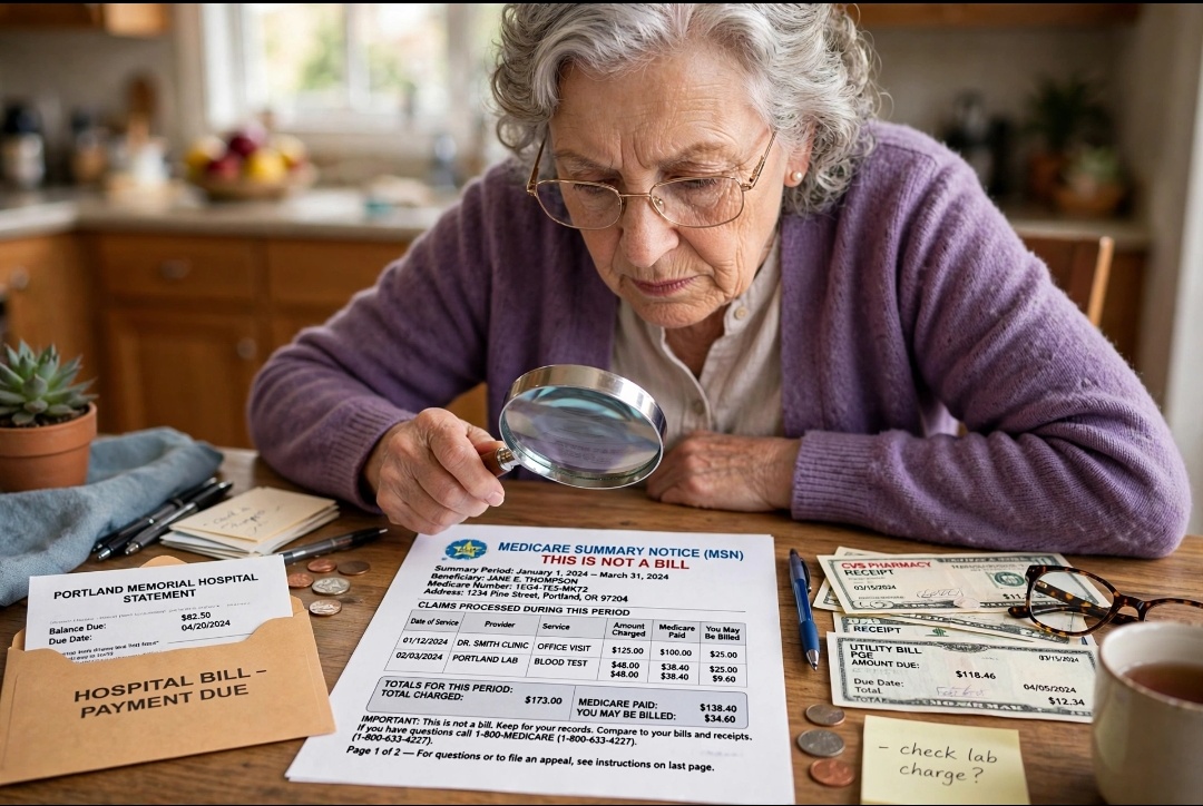 Senior woman checking Medicare Summary Notice MSN for fraud with magnifying glass