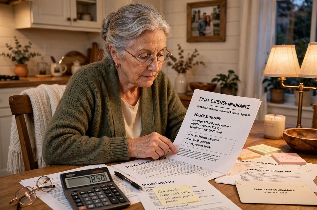 Senior woman over 70 reviewing final expense insurance documents at home in USA 2026