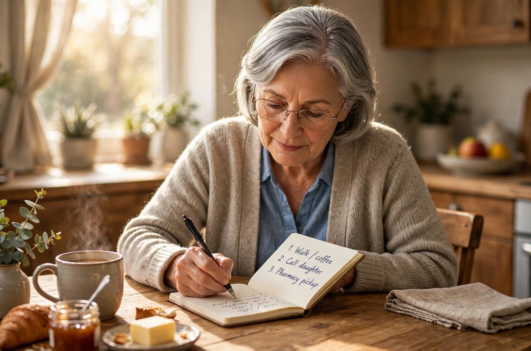 Senior woman writing 3 simple daily plans in notebook morning habit