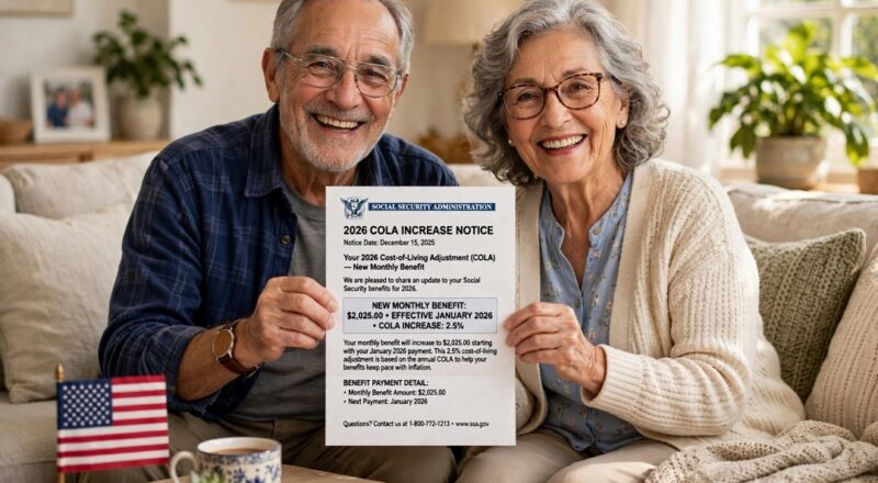 Senior couple smiling holding Social Security COLA increase letter 2026 showing $2025 payment Title: COLA Increase 2026 New Payment $2025
