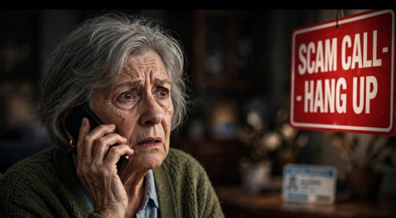 worried senior woman receiving social security scam call hang up warning 2026